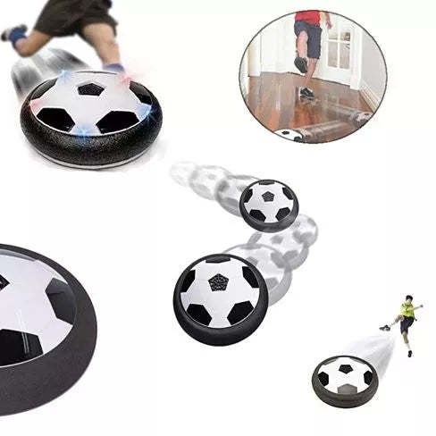 Indoor soccer hover ball set, black disk with white soccer-ball top and motion trails