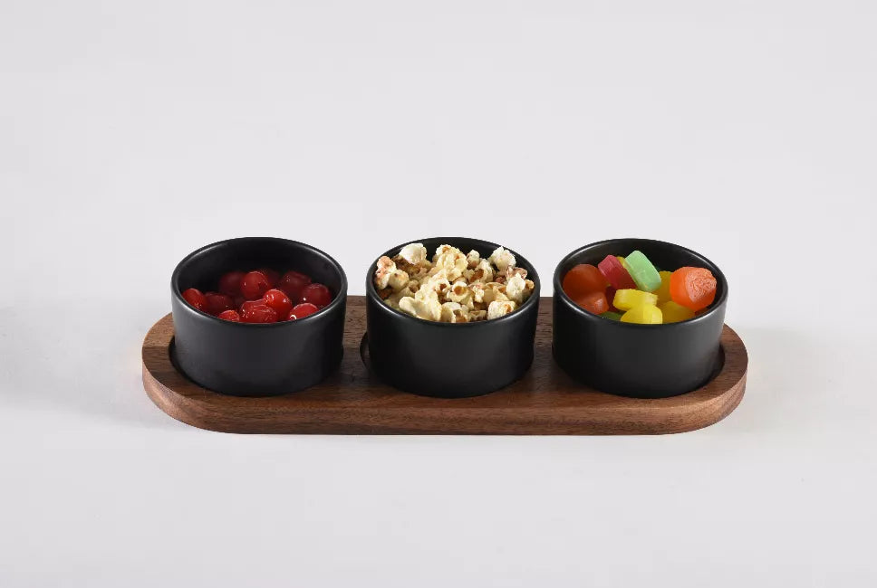 Black Ceramic Condiment Set on Acacia Wood Base - 1 - Kitchen
