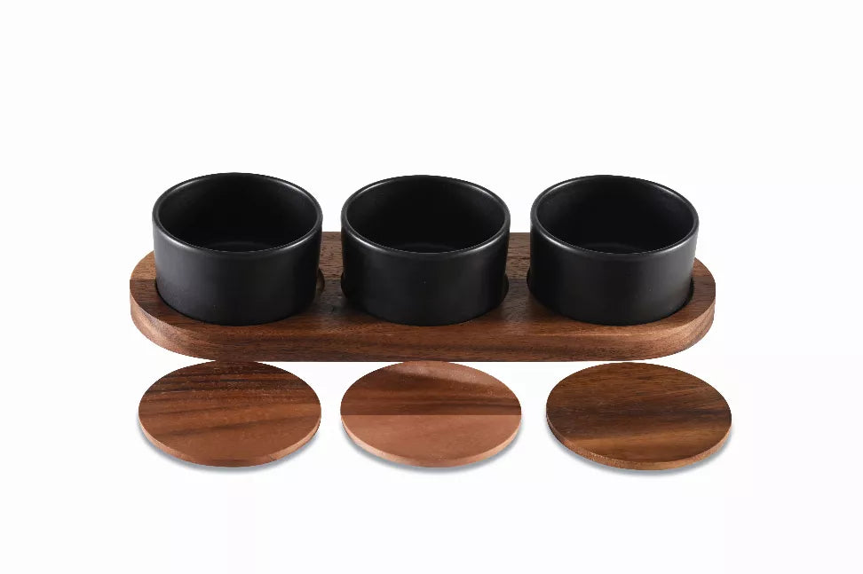 Black Ceramic Condiment Set on Acacia Wood Base - 1 - Kitchen