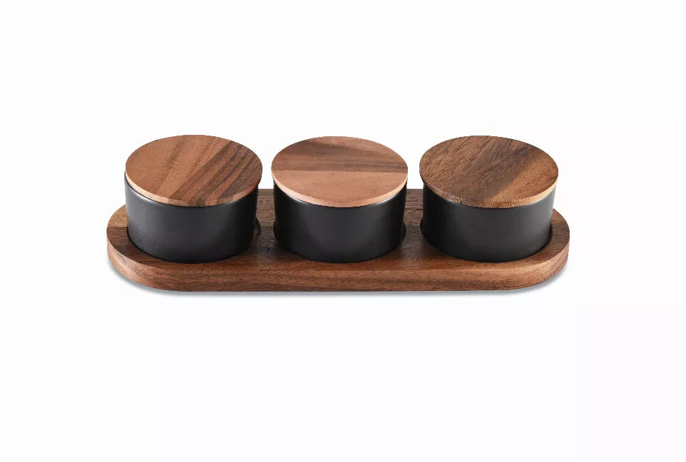 Black Ceramic Condiment Set on Acacia Wood Base - 1 - Kitchen