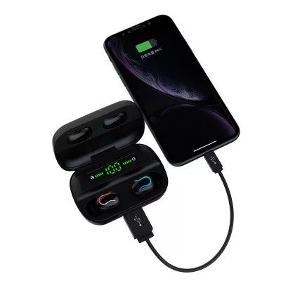 Wireless earbuds with black charging case, LED display, and charging cable