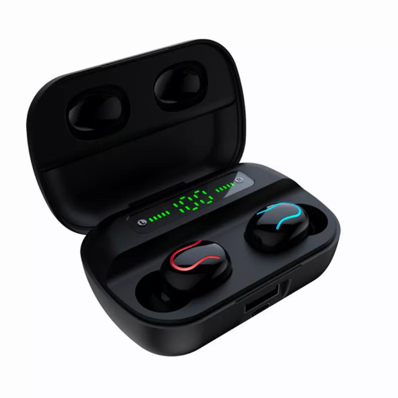 Open black charging case with two wireless earbuds and LED battery indicator