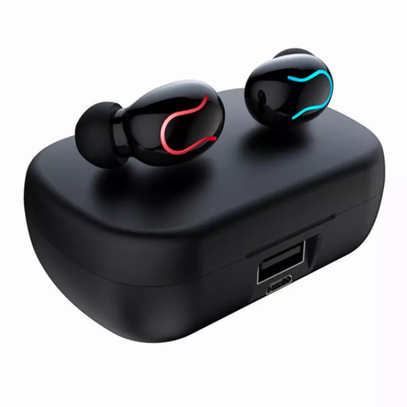 Two wireless earbuds on black charging case with visible USB ports