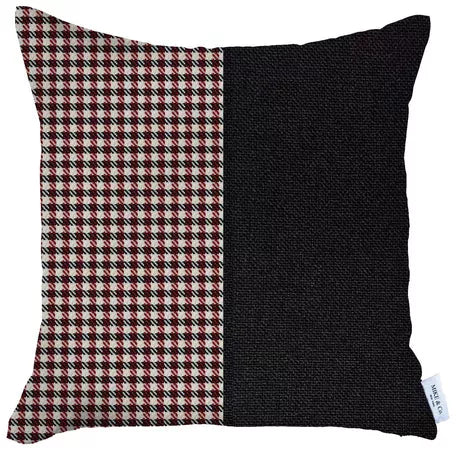 Square throw pillow with houndstooth panel and dark gray textured solid side
