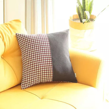 Square throw pillow with burgundy/black/white houndstooth front and dark gray back