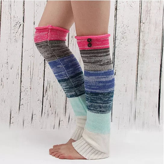 Multi-color winter warmer socks with pink ribbed cuffs and blue-gray stripe pattern