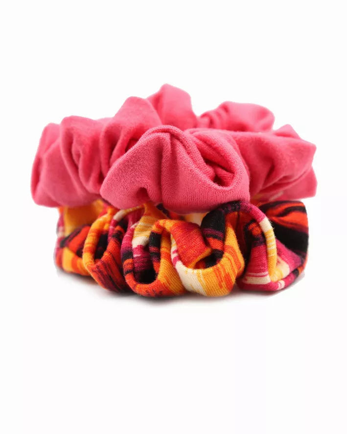 Mini scrunchie set of 2: one pink, one multicolor striped soft fabric