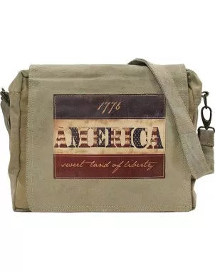 Olive crossbody bag with 1776 America flag graphic and side shoulder strap