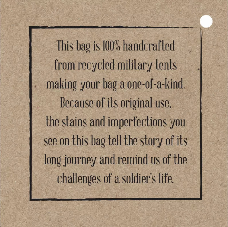Recycled military tents bag info card with text reading “100% handcrafted”