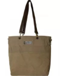 Olive-brown recycled crossbody messenger bag with top handles and logo patch