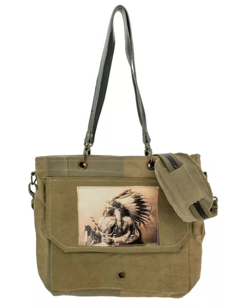 Olive recycled canvas crossbody bag with front artwork panel and adjustable shoulder strap