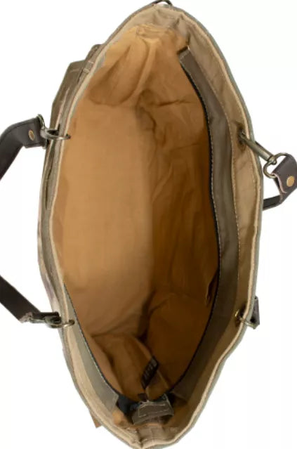 Olive-brown recycled crossbody bag open top showing interior lining and metal clips