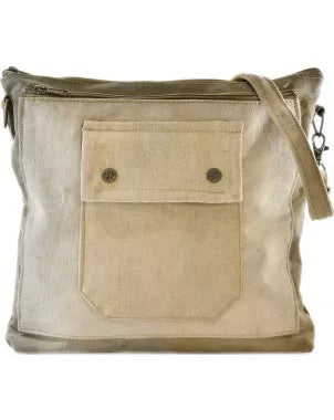 Recycled military tent crossbody bag with front flap pocket and adjustable shoulder strap