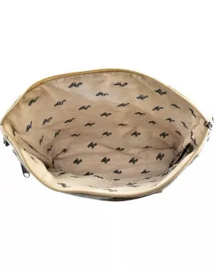 Recycled crossbody bag interior view with printed lining and open top