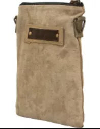 Recycled tent crossbody bag, tan canvas with front patch pocket and top handle