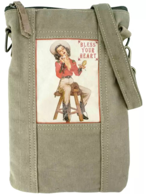 Recycled tent crossbody bag in muted green with printed western panel and crossbody strap