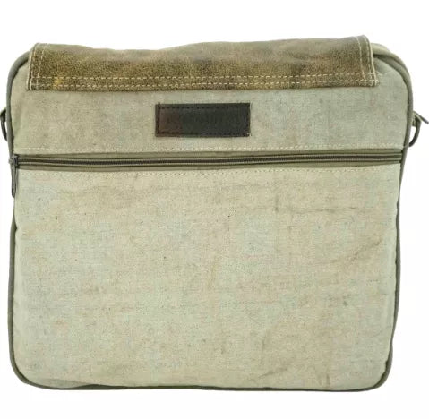 Recycled canvas and leather messenger bag with flap and adjustable shoulder strap