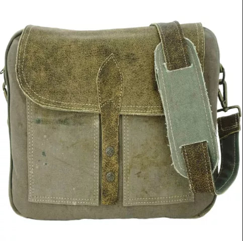 Olive canvas messenger bag with front pocket, snap flap, and crossbody strap