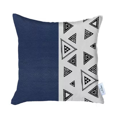 Navy and white faux leather throw pillow cover, geometric triangles on half