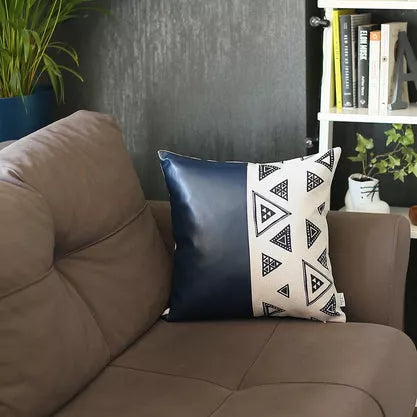 Navy faux leather throw pillow cover with white geometric half-panel pattern