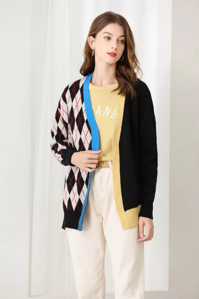 Argyle splicing cardigan featuring black long sleeves and diamond pattern with blue trim