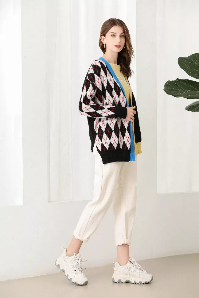 Women’s argyle splicing cardigan, black diamond knit with blue trim and open front