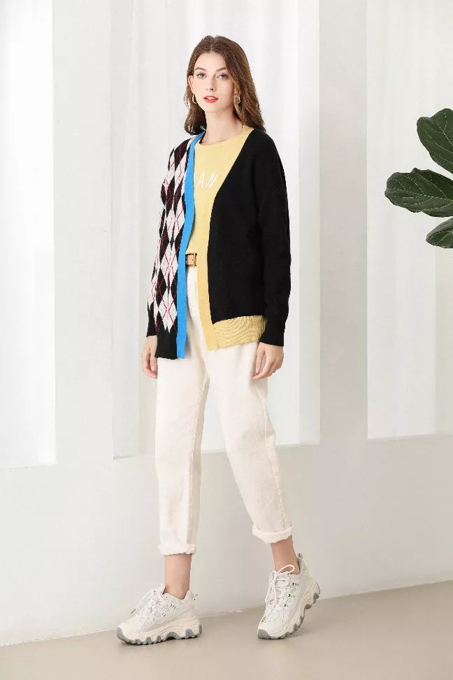 Black argyle splicing cardigan with diamond print side panel and blue-and-yellow trim