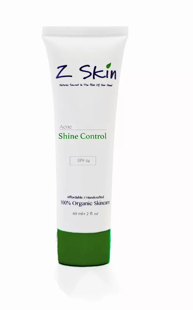 Z Skin Acne Shine Control sunscreen tube, SPF 24, 2 fl oz, white and green