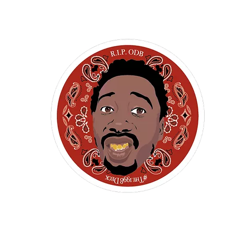Round sticker with illustrated face, red paisley background, white border, “R.I.P. ODB” text