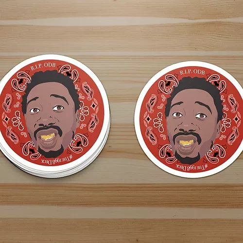 Two round stickers with illustrated bearded face, red paisley design, white border, R.I.P. ODB