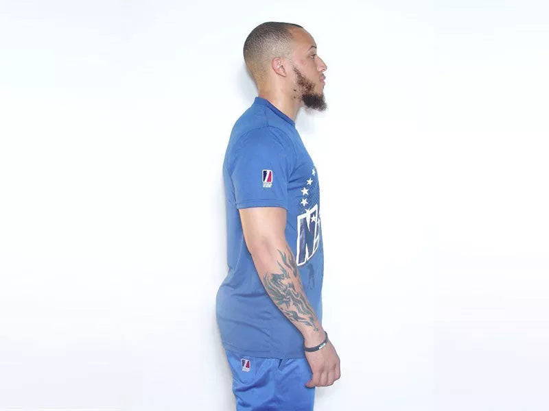 Royal blue sports T-shirt with front graphic and small logo patches