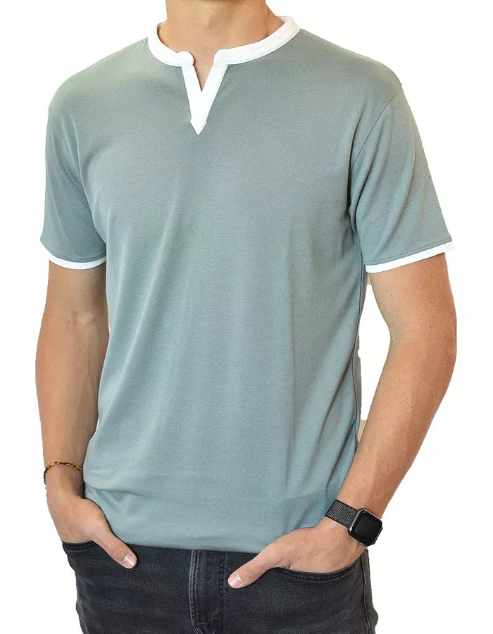 Short-sleeve notch-collar polo shirt, blue-gray with white trim, front view