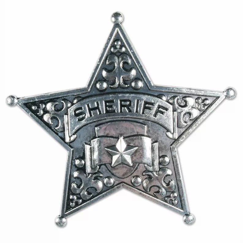 Silver metal sheriff star badge with engraved 'SHERIFF' center emblem