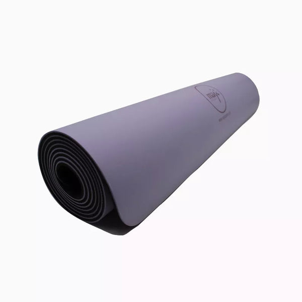 Purple PU/NR yoga mat, rolled with branding stamp
