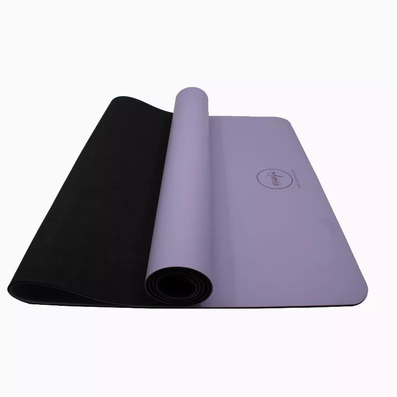 Purple PU/NR yoga mat laid flat, black underside visible