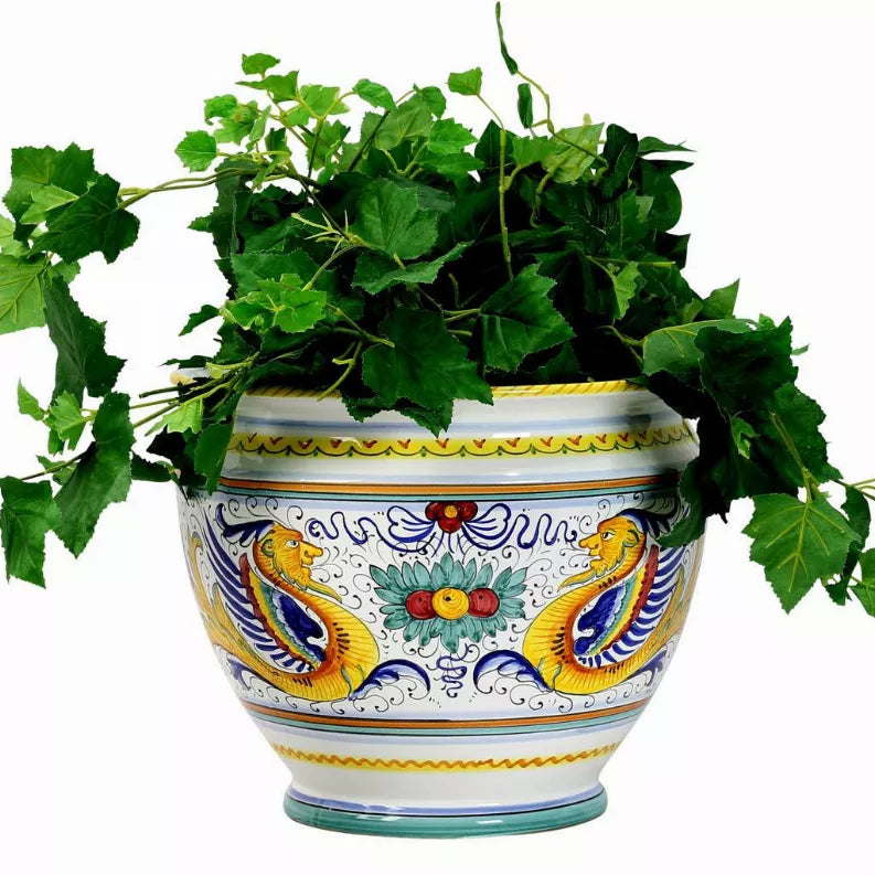 Decorative ceramic planter cachepot with blue, yellow, and floral swirl pattern