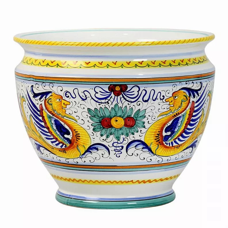 RAFFAELLESCO ceramic cachepot planter with peacock pattern, blue yellow red accents