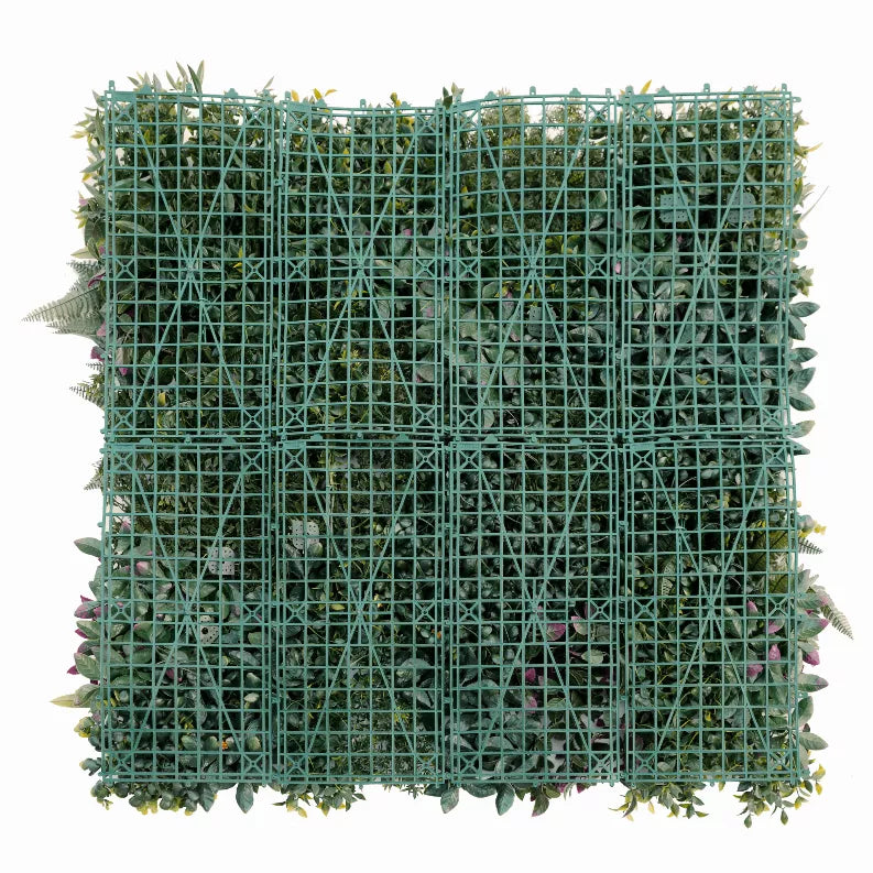Artificial vertical garden wall panel with square grid backing and layered faux greenery