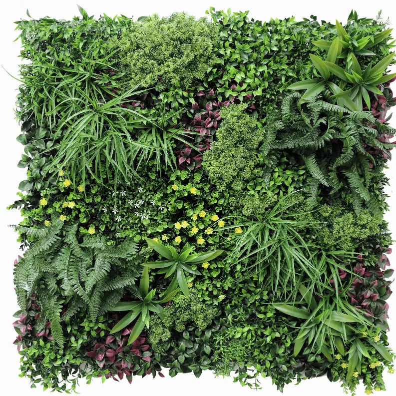 Artificial vertical garden wall panel filled with varied faux plants, ferns, and tiny purple leaves