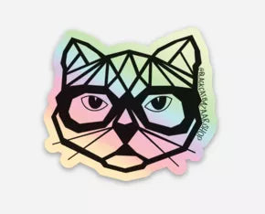 Holographic cat face sticker with geometric sunglasses style