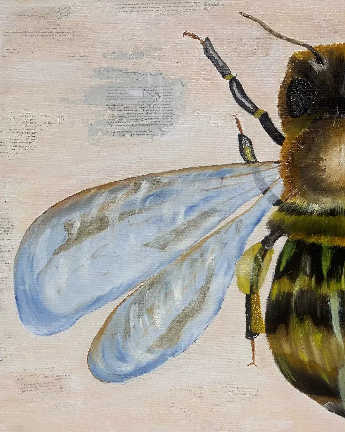 Close-up bee art print with blue wings and yellow-green body on light background