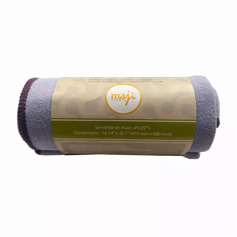 Lavender suede-style hand towel, dark purple edge binding, rolled and wrapped