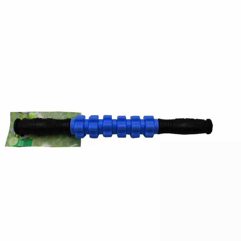 Deep tissue roller stick, blue segmented roller with black handle