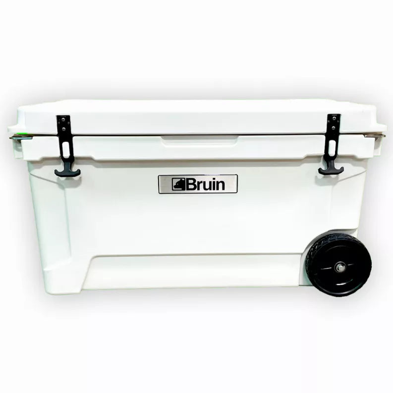 White 68QT roto-molded cooler with drain spigot and front latches