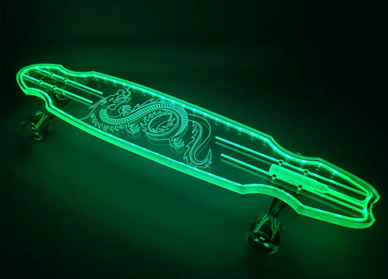 Neon green skeleton rose skateboard with clear deck and red wheels