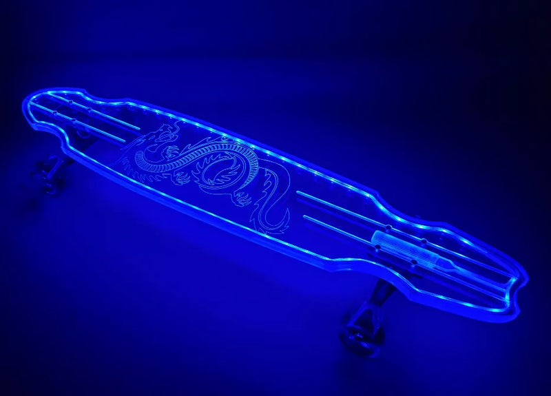 Neon blue skeleton rose skateboard with clear deck and red wheels