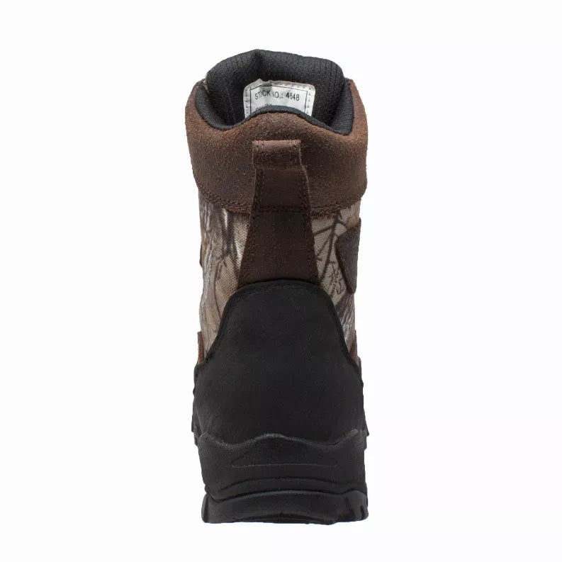 8-inch camo boots, dark brown with black heel panel and padded collar