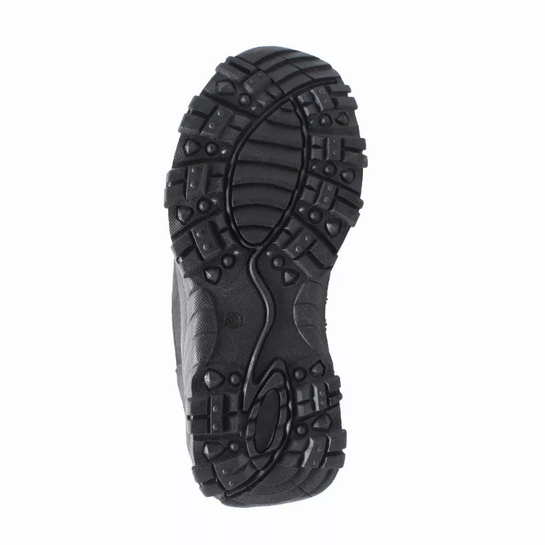 Boot outsole, rugged black traction tread with circular grip pattern