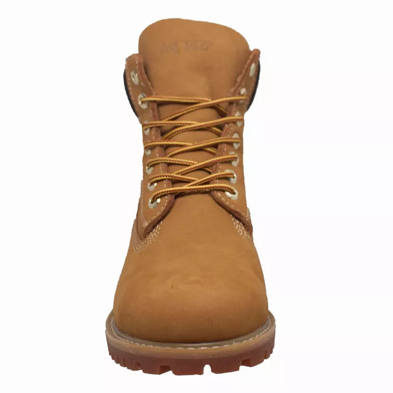 Women's tan 6-inch lace-up boot with padded tongue, metal eyelets, rubber lug sole