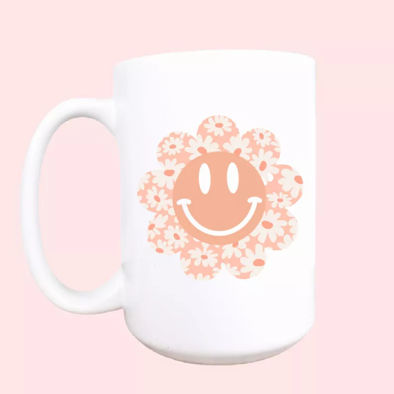 15oz ceramic coffee mug, white with orange happy face in floral daisy design